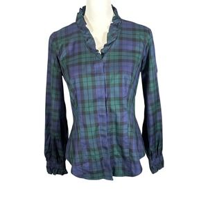 Brooks Brothers Plaid Shirt Women 6P Blue Green Ruffle Collar Black Watch Tartan